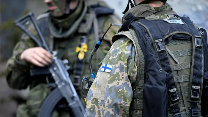 Finnish soldiers take part in an army mechanised exercise in Kankaanpaa