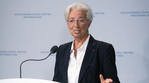 European Central Bank president Christine Lagarde speaking to the media at a news conference in Amsterdam today