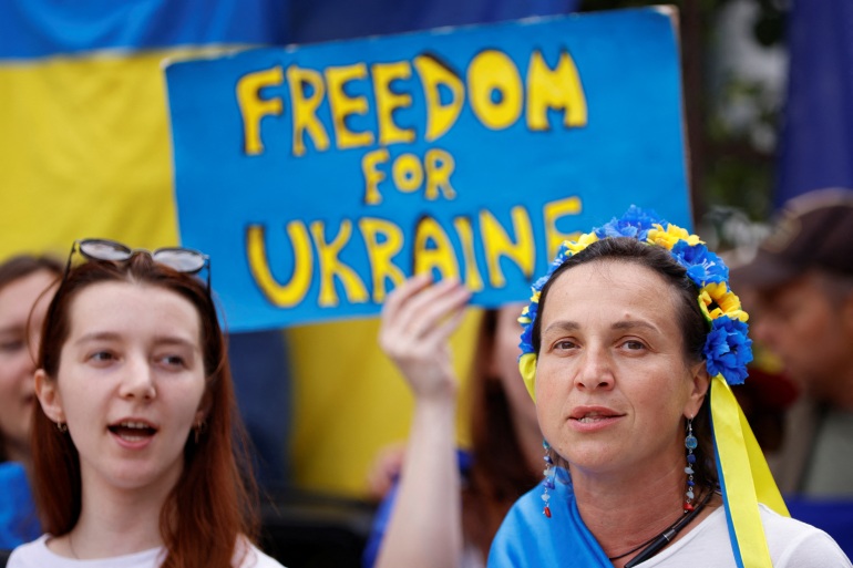 Ukrainians living in Belgium protest outside the European Council building